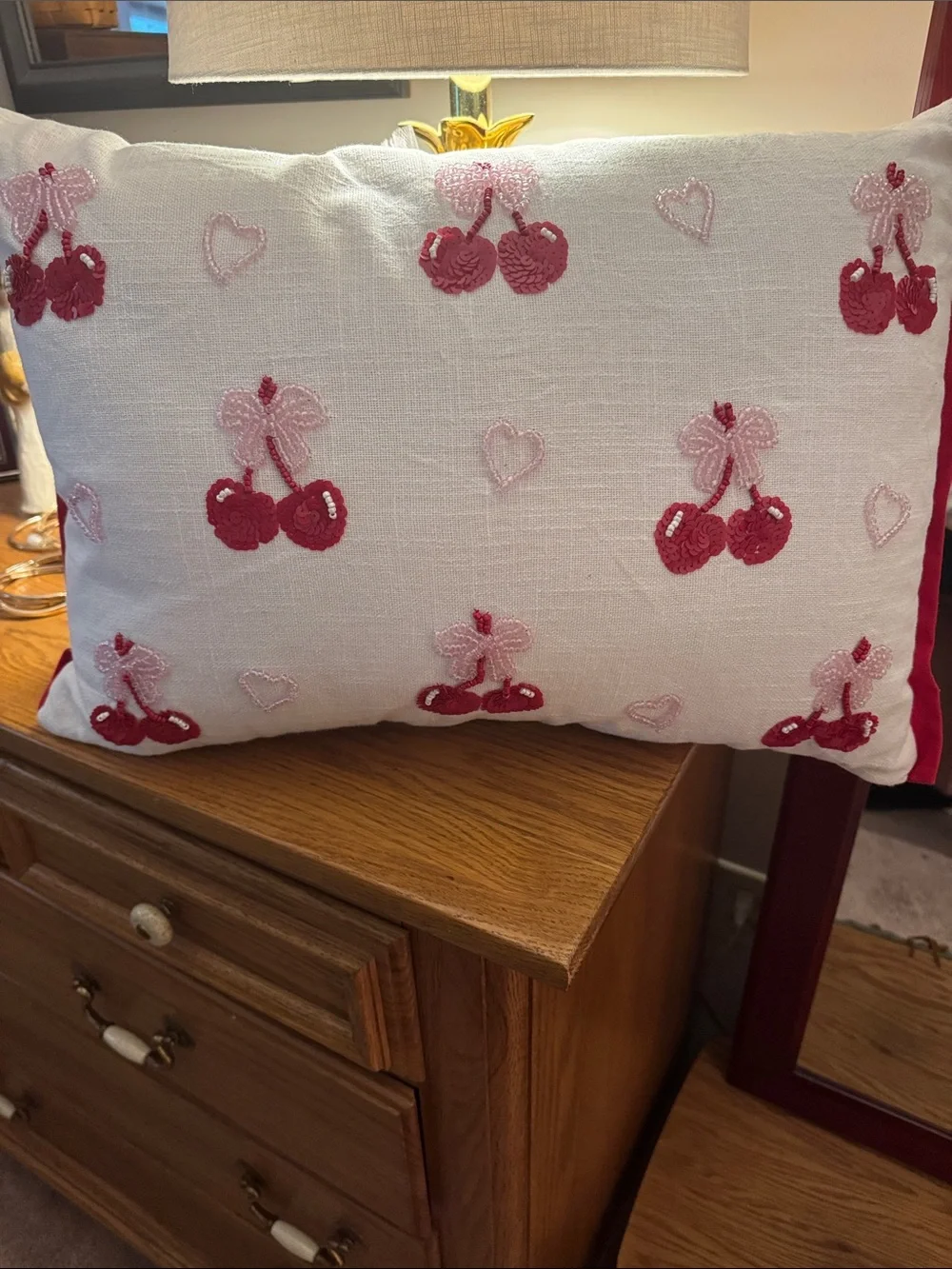 Embroidered Cherry Throw Pillow x 2 - White and Pink